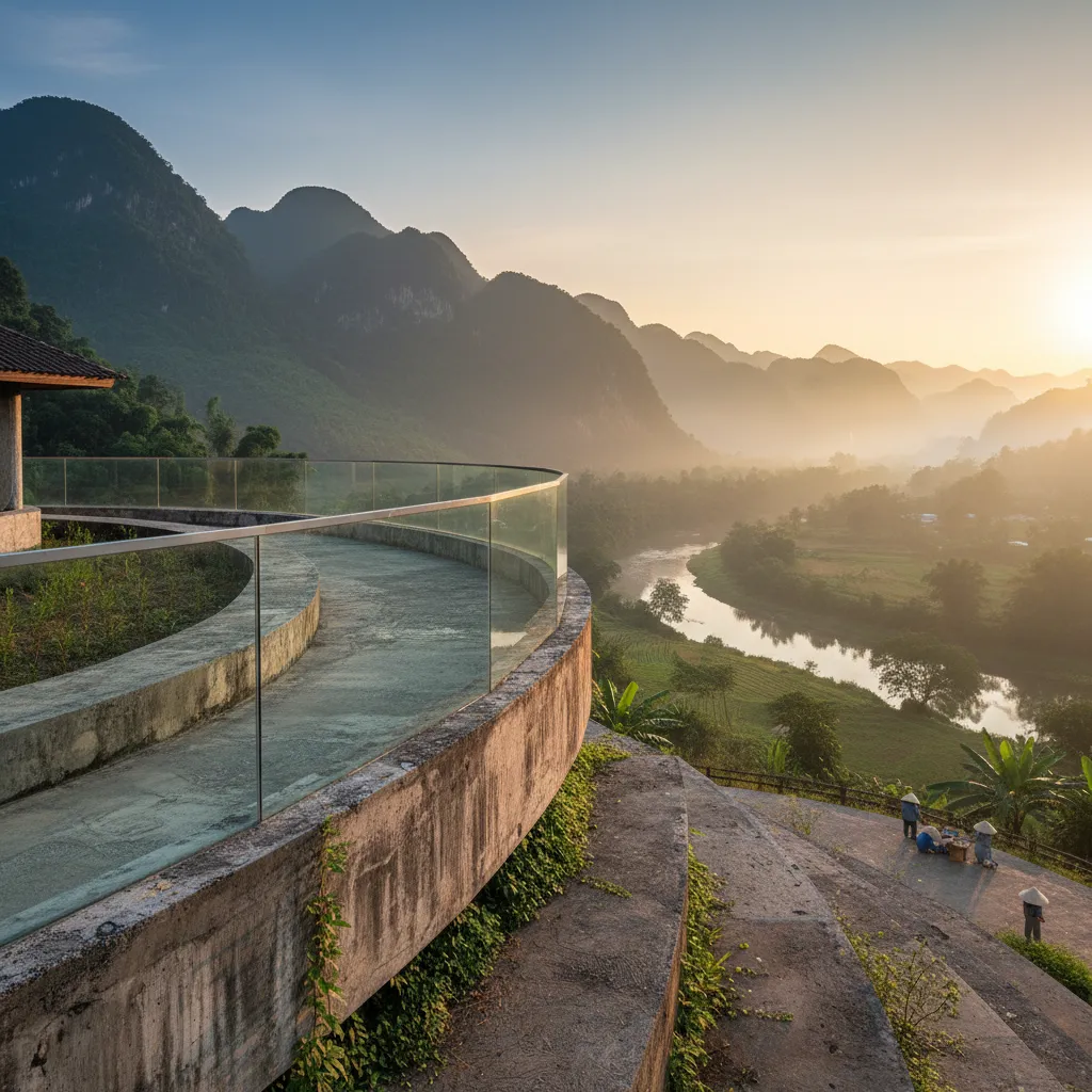 Lan can kính kết hợp bê tông