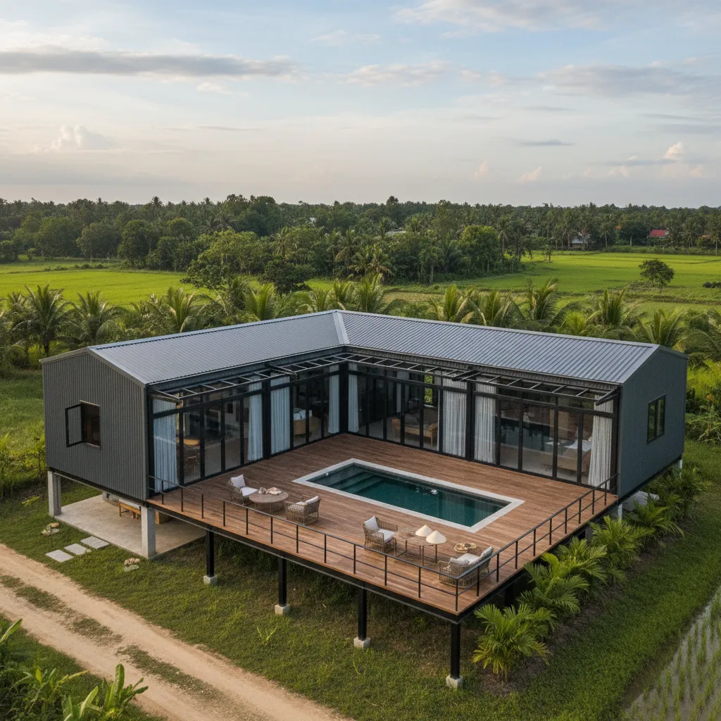 nhà tiền chế cấp 4 hình chữ L
